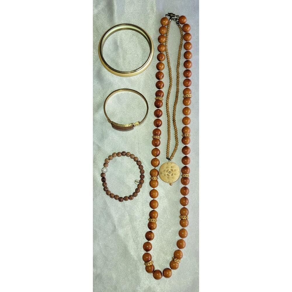 5 Pc Jewelry Lot Necklaces Bracelets Neutral Tan Boho Beaded 1 Signed Coventry